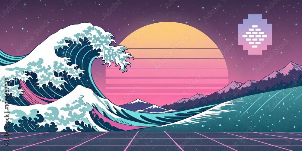 Poster retro wave the startup sequence introduces a vibrant wave pattern in soft pastel colors across the s