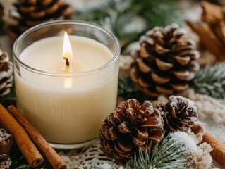 Candle with Cinnamon Sticks and Pine Cones