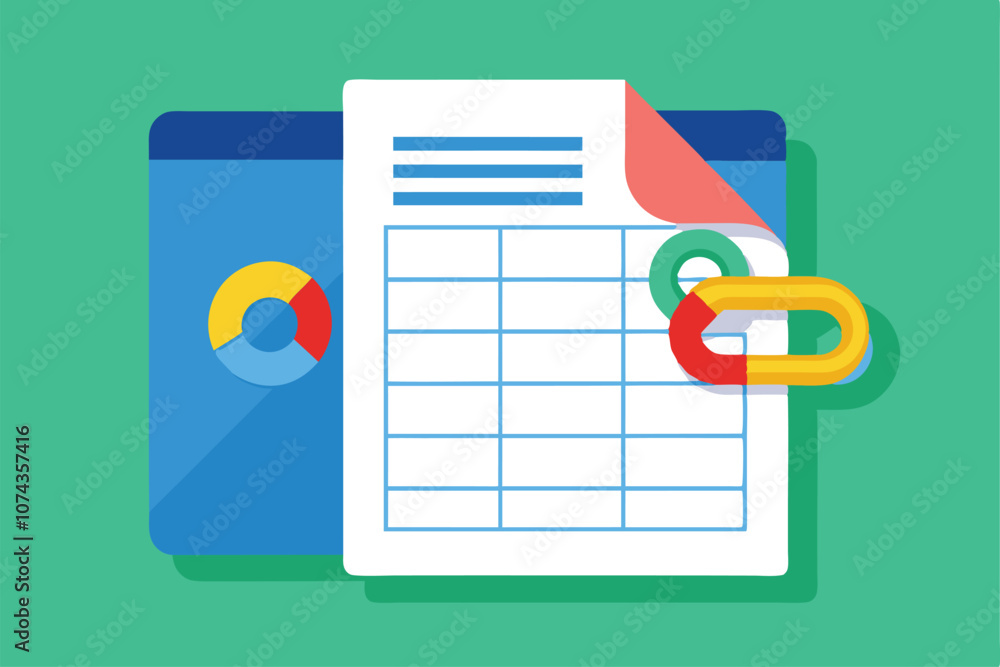 Aufkleber a document with a table and a link icon placed alongside a pie chart on a vibrant green backdrop, cu
