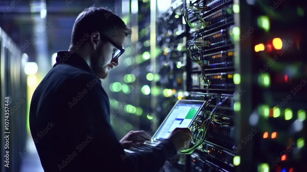 Poster technician working in data center on server maintenance