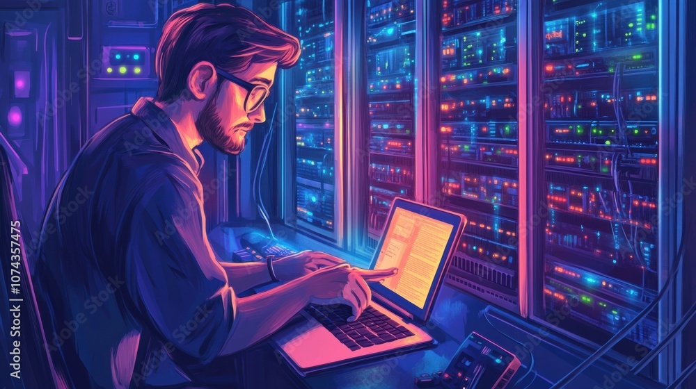 Poster technician working in a datacenter on server maintenance