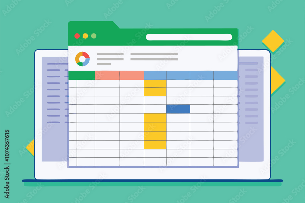 Poster a spreadsheet with colorful cells on a laptop screen, used for organizing and analyzing data online,