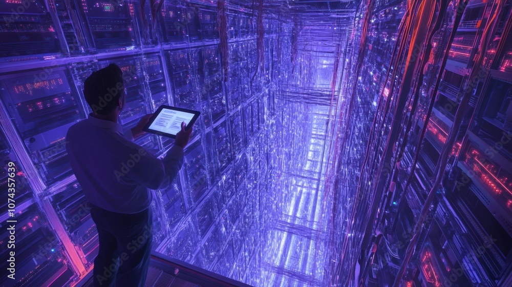 Poster technician using tablet to monitor data in real time
