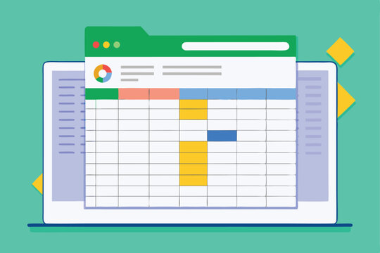 A spreadsheet with colorful cells on a laptop screen, used for organizing and analyzing data online, Customizable cartoon illustrations for spreadsheets.