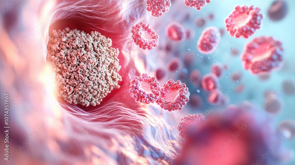 Poster close-up of cell structure with viruses attacking, vibrant colors, detailed view.