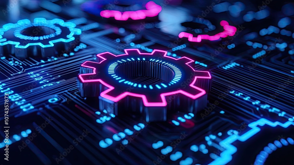 Aufkleber abstract close-up of glowing gears on a circuit board with vibrant colors.