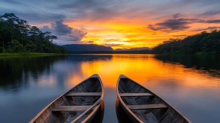 Fototapeta premium Two wooden canoes sitting on the shore of a lake at sunset