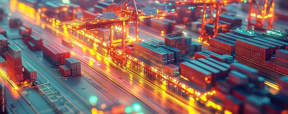 Poster Vibrant view of a busy shipping port with containers and cranes at night.