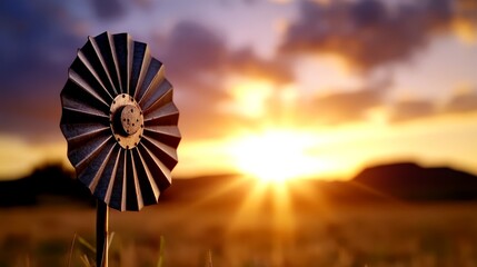 A windmill in the middle of a field at sunset
