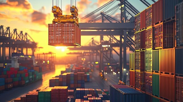 Cargo container being lifted at a busy shipping yard during sunset.