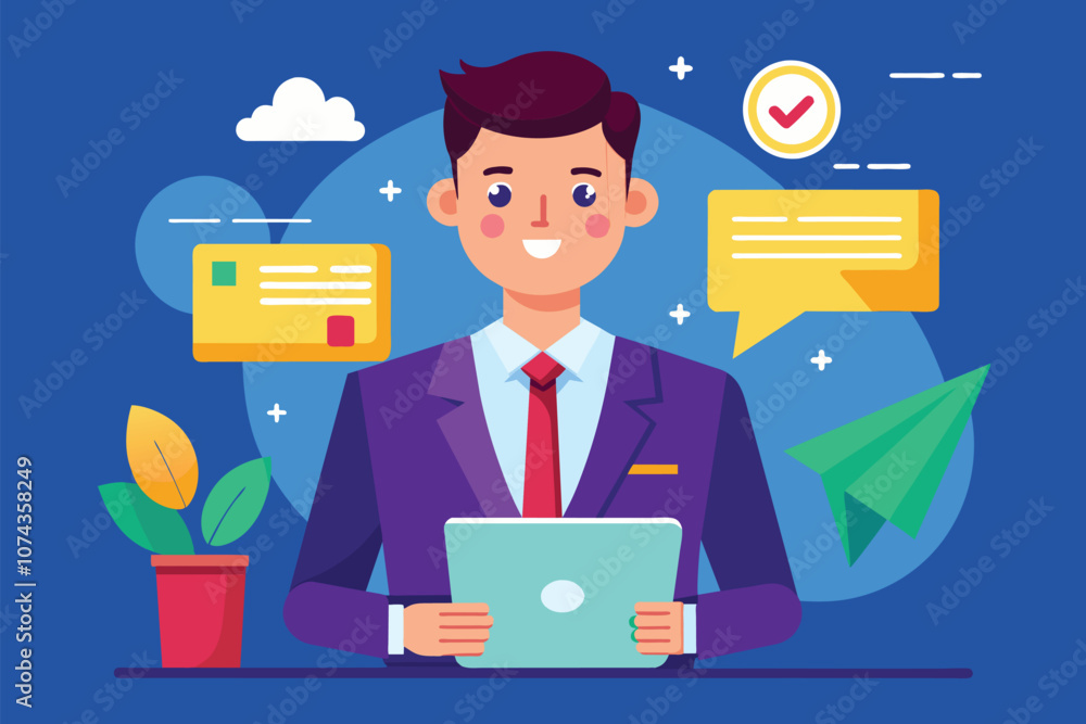 Poster a businessman engages with a laptop while digital notifications and graphics surround him in an offi