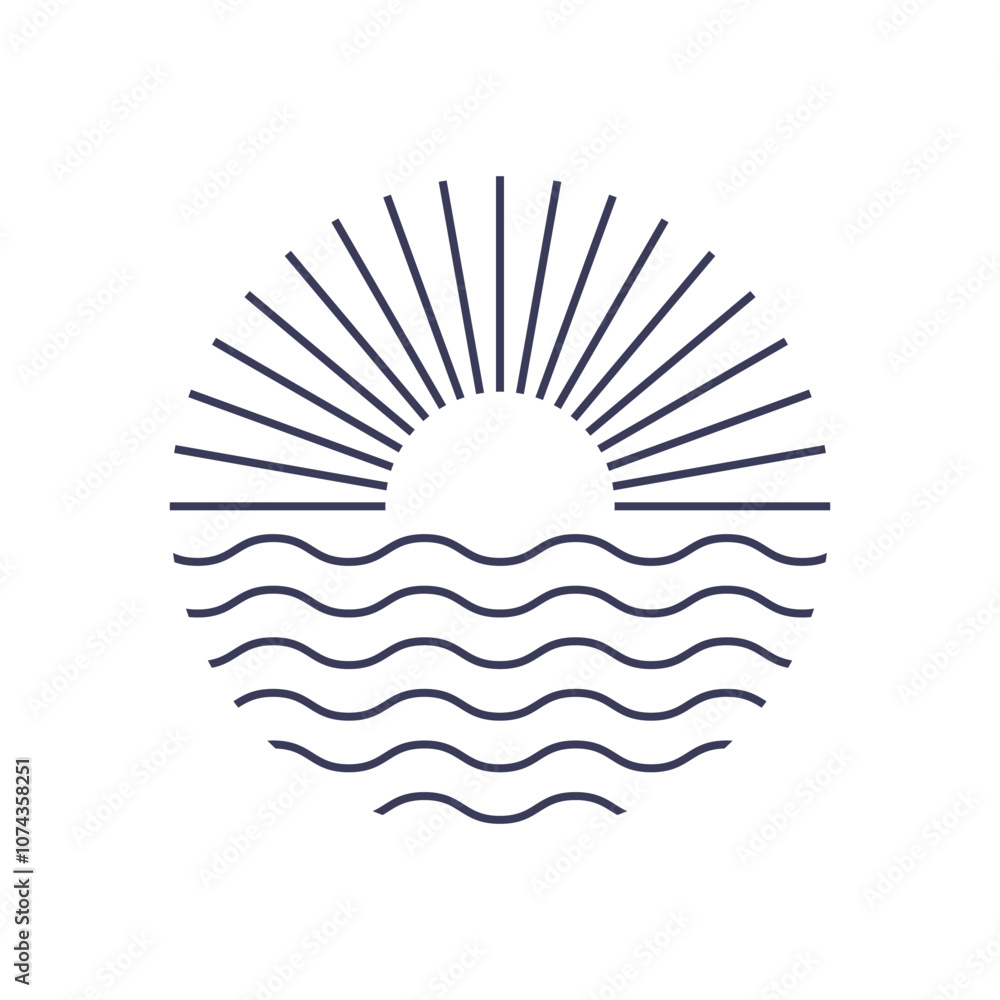 Poster an artistic minimalist logo of a round shape that depicts a scenery of sun and wave in simple thin l