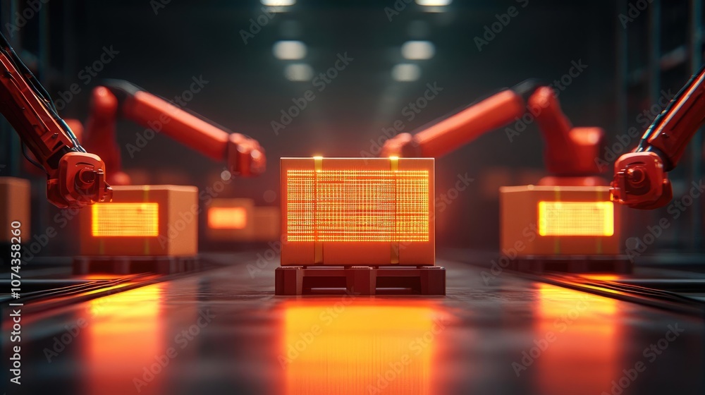 Poster Automated factory with robotic arms handling glowing crates in a dark environment.