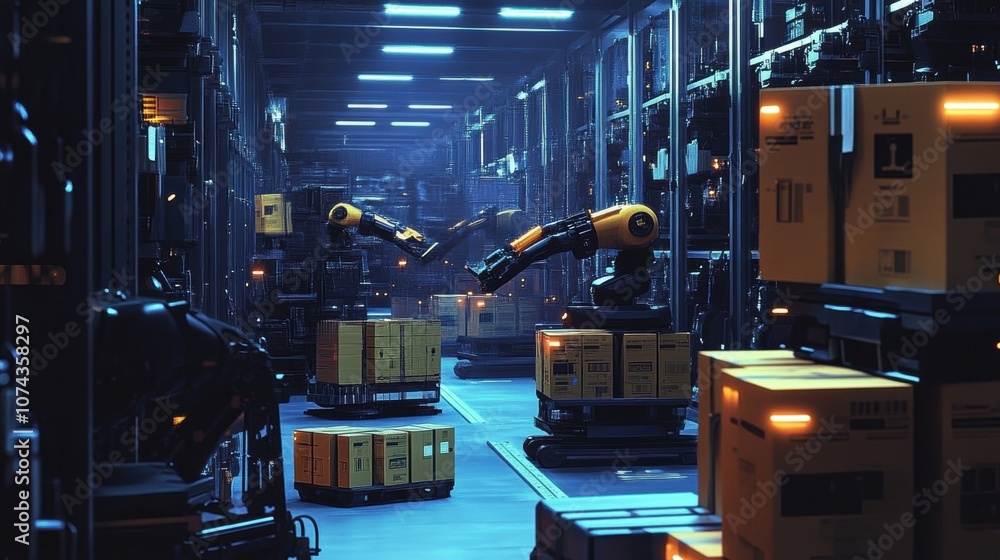 Poster robots in action within a modern warehouse environment
