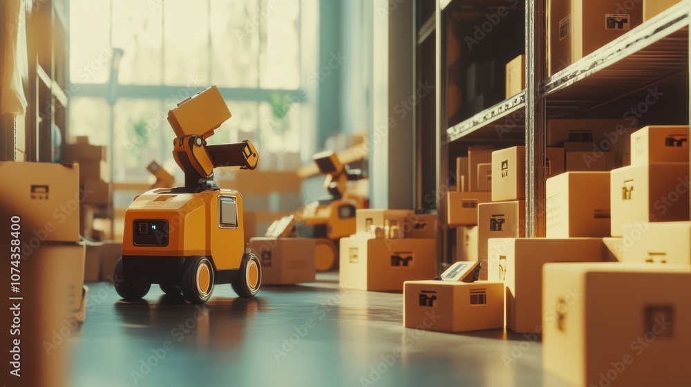 Poster robots loading packages in a modern warehouse