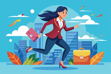 A businesswoman hurries through a vibrant city, holding a briefcase, ready for her next meeting, Illustration of a businesswoman in action