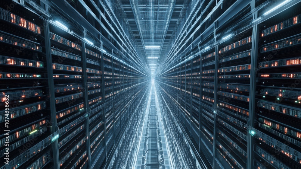Poster wide view of a data center with dense server rows