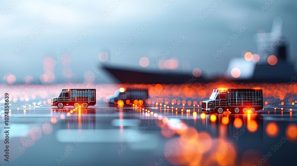 Poster miniature trucks on illuminated road with a blurred ship in the background