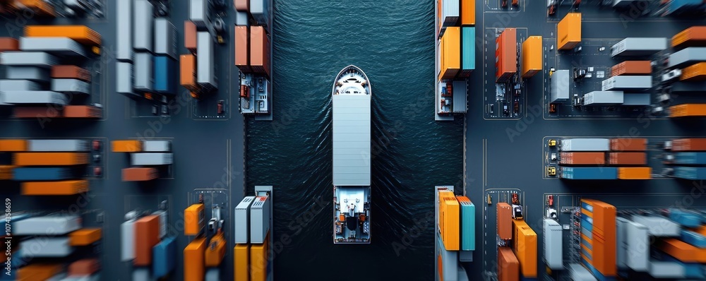 Poster aerial view of a shipping vessel surrounded by colorful containers on water.