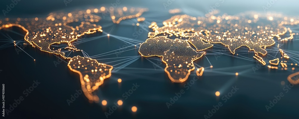 Poster digital world map with glowing connections on a dark background.
