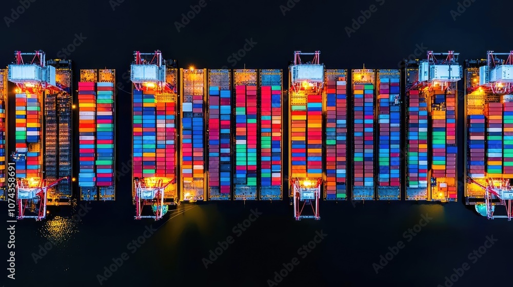 Poster aerial view of colorful shipping containers on a dock at night.