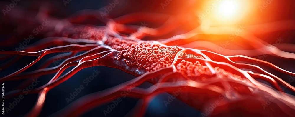 Poster microscopic view of intricate cellular structure, vibrant red and orange illumination.