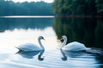 Fototapeta premium A couple of white swans floating on top of a lake