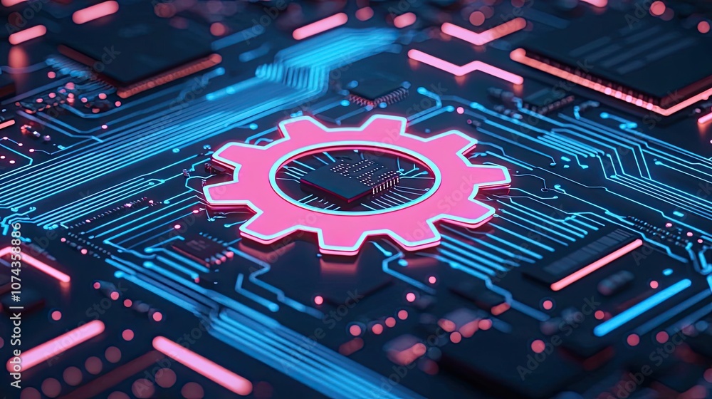 Poster futuristic gear symbol on a computer circuit board, glowing neon elements.