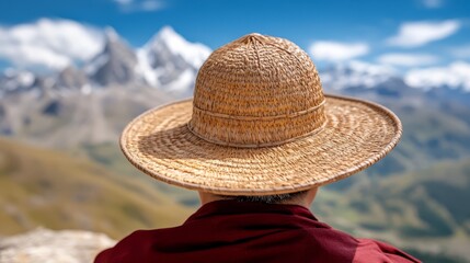 A man wearing a straw hat looking out over a mountain range