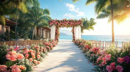 Fototapeta premium Aisle decorated with flowers and archway for a beach wedding ceremony.