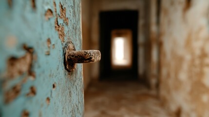 A door handle on a blue door in an abandoned building