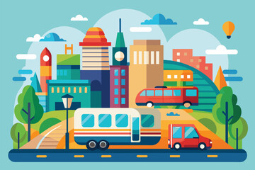 A lively urban illustration reveals a flat space filled with commuters and city vehicles during a sunny day, Illustration of a flat after commuting.