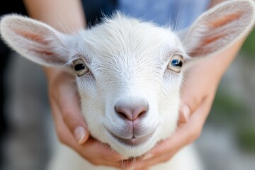 A person holding a baby goat in their hands