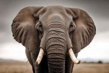Obraz premium A close up of an elephant with tusks standing in a field