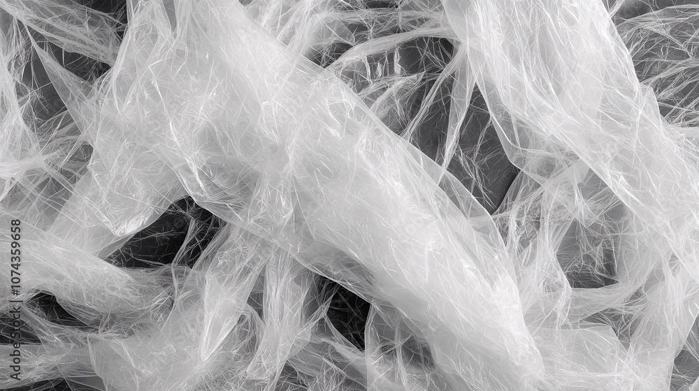 Poster detailed view of translucent plastic wrap textured background with tangles and overlaps on black sur