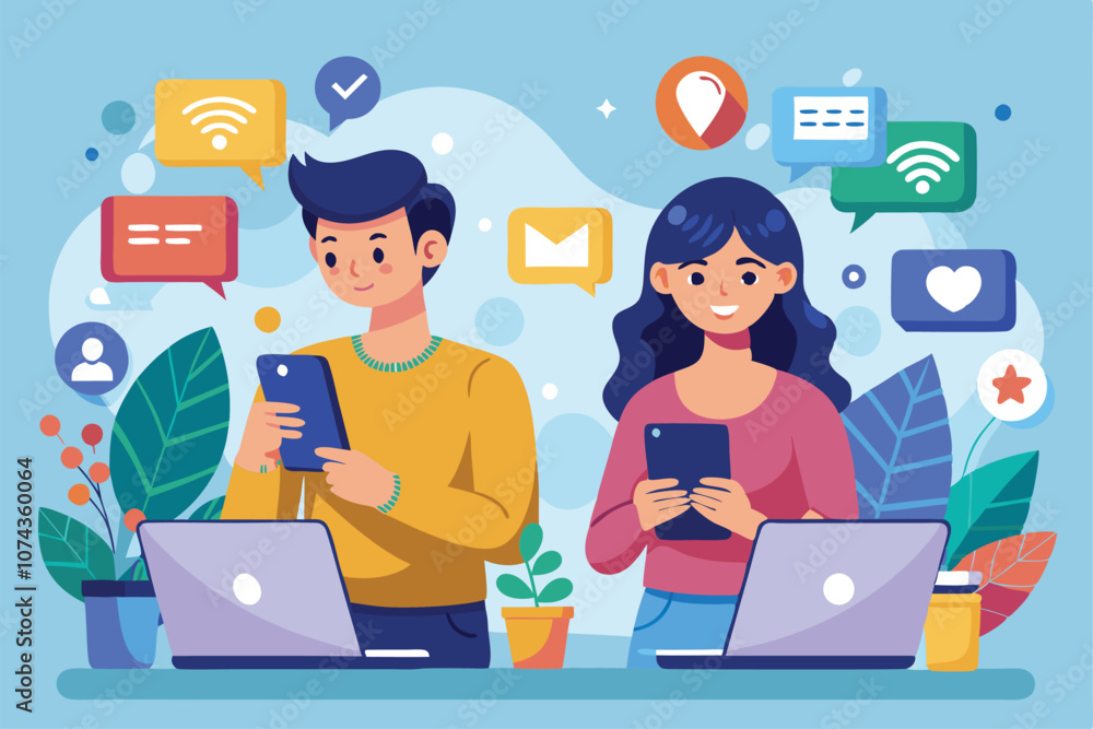 Poster a couple interacts with their smartphones and laptops while using various communication tools, illus