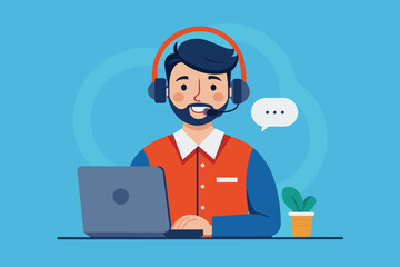 A customer support representative helps clients using a laptop and headset, smiling and ready to assist, Illustration of a male customer support representative