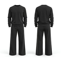 A black sportswear outfit displayed from the front and back. The outfit consists of a long-sleeve sweatshirt and wide-leg pants, both in a solid black color, designed for comfort and style.