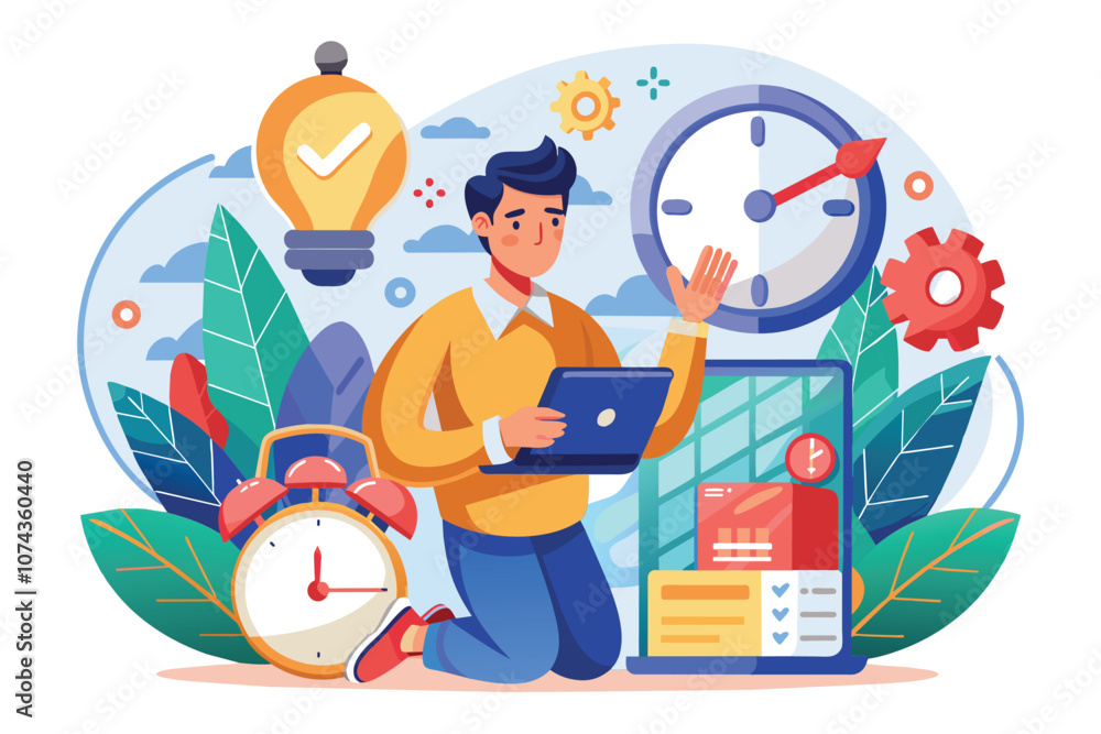 Poster a man kneels while working on a laptop, surrounded by clocks and productivity tools in a vibrant set