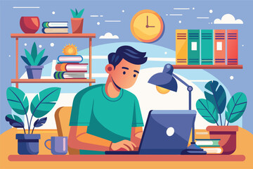 Fototapeta premium A man sits at a desk using a laptop, engaged in online learning in his cozy home office filled with plants, Illustration of a man working and learning from home using a laptop.