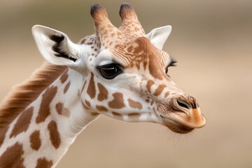 Obraz premium A close up of a giraffe's face with a blurry background