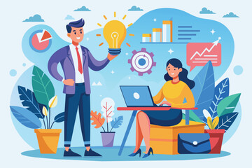 A man holds a light bulb to showcase his new idea while a woman focuses on her laptop in a vibrant workspace, Illustration of a project being started by a male and female businessperson.