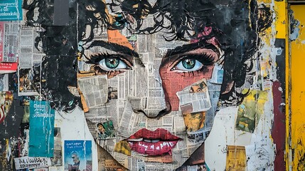 Fototapeta premium Street Art Collage Woman s Face Newspaper Posters Urban Art