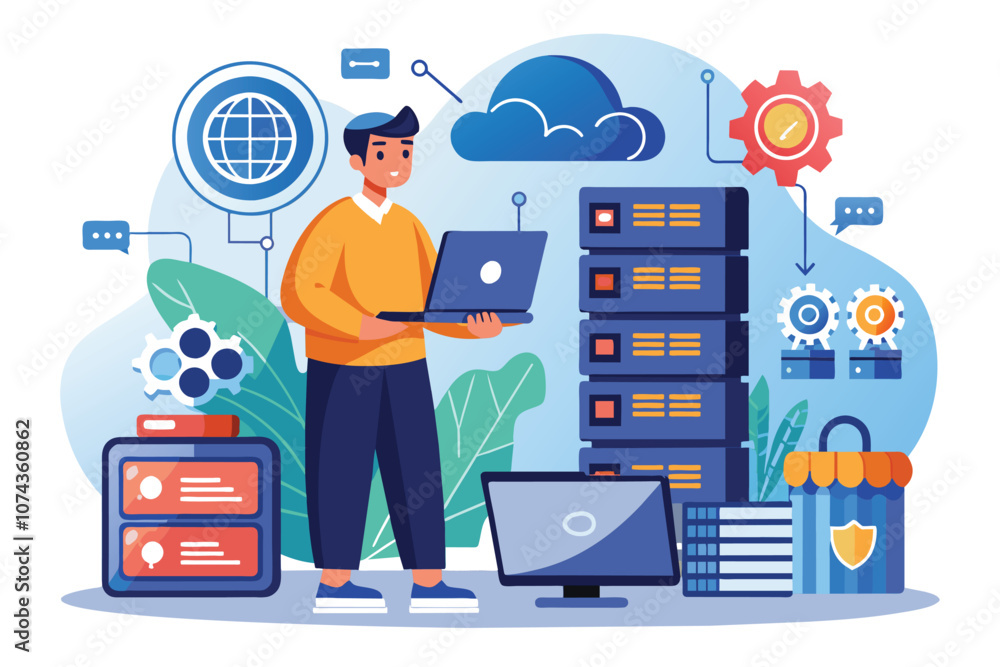 Poster a technician is actively working on backup services with laptop devices in a data center setting, il