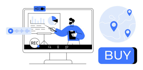 Person presenting analytics on a screen, recording features, audio buttons, and location markers. Ideal for online learning, webinars, business meetings, remote work, e-commerce, data analytics