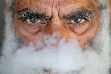 A man with a white beard and mustache smoking a cigarette