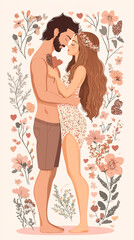 Fototapeta premium A man and woman are hugging in a flowery background. The man is wearing shorts and the woman is wearing a dress