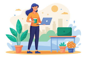 A woman holds a cup while using her laptop in a bright workspace filled with plants and city views, Illustration of a woman standing with a laptop and coffee
