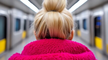 A woman in a pink coat standing in front of a train