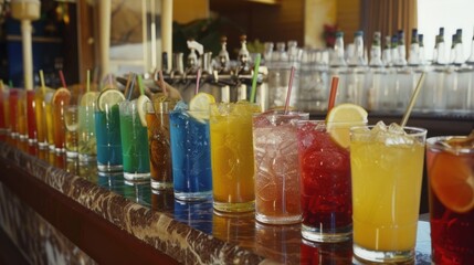 An array of colorful and artistically presented nonalcoholic drinks lined up on a counter.